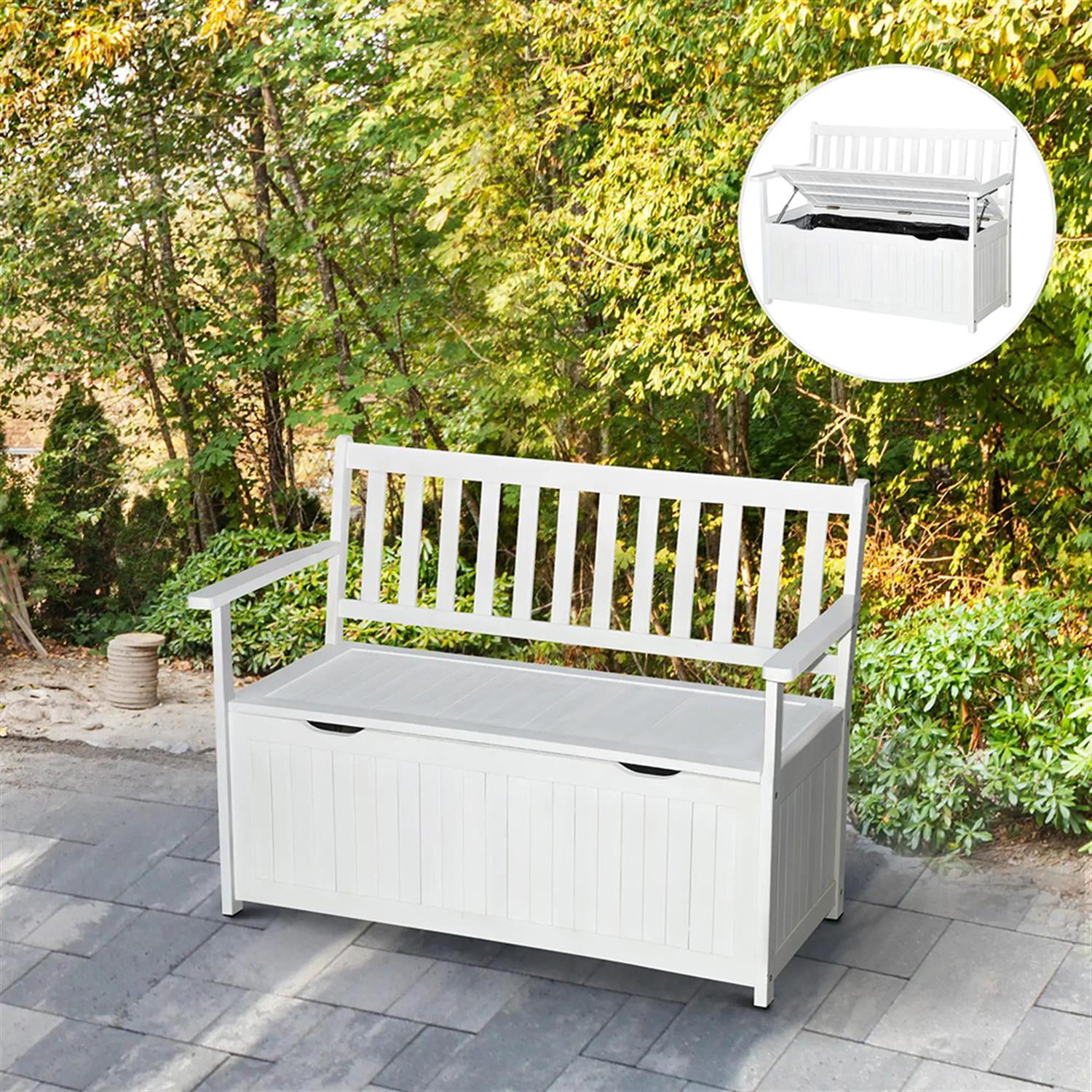 Demi Bonn 41" Patio Garden Bench Wooden Deck Box Storage Bench, Outdoor Benches Furniture with Inner Waterproof PE Lining for Backyard, Park, Lawn, Yard, White