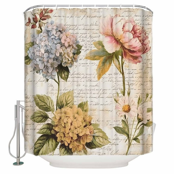 Extra Long Shower Curtain 72x96 Inch, Vintage Hydrangea Floral Shower Curtain Waterproof Bathroom Decor Spring Botanical Flowers Fabric Bath Curtain Set Accessories with Hooks