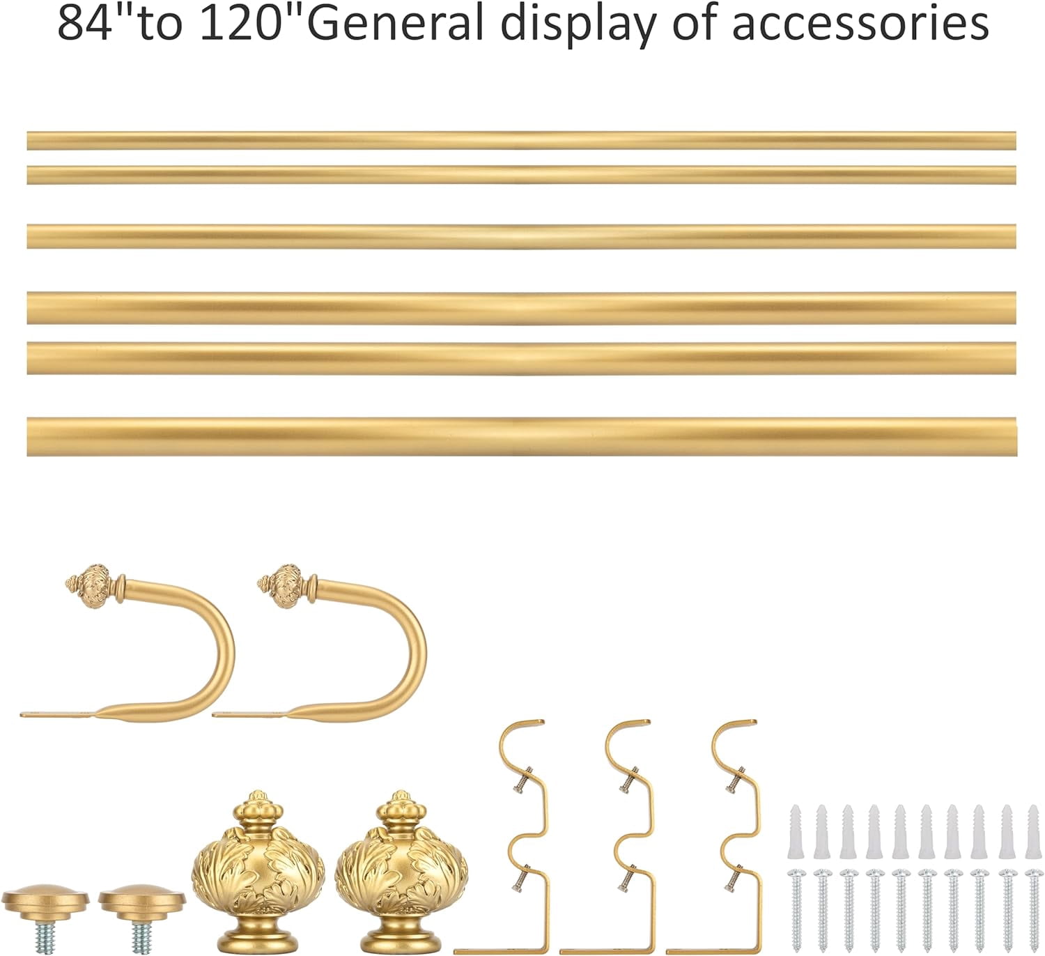 eTeckram 1" Double Curtain Rod with Albert Finials and holdbacks (84''-120'',Gold)