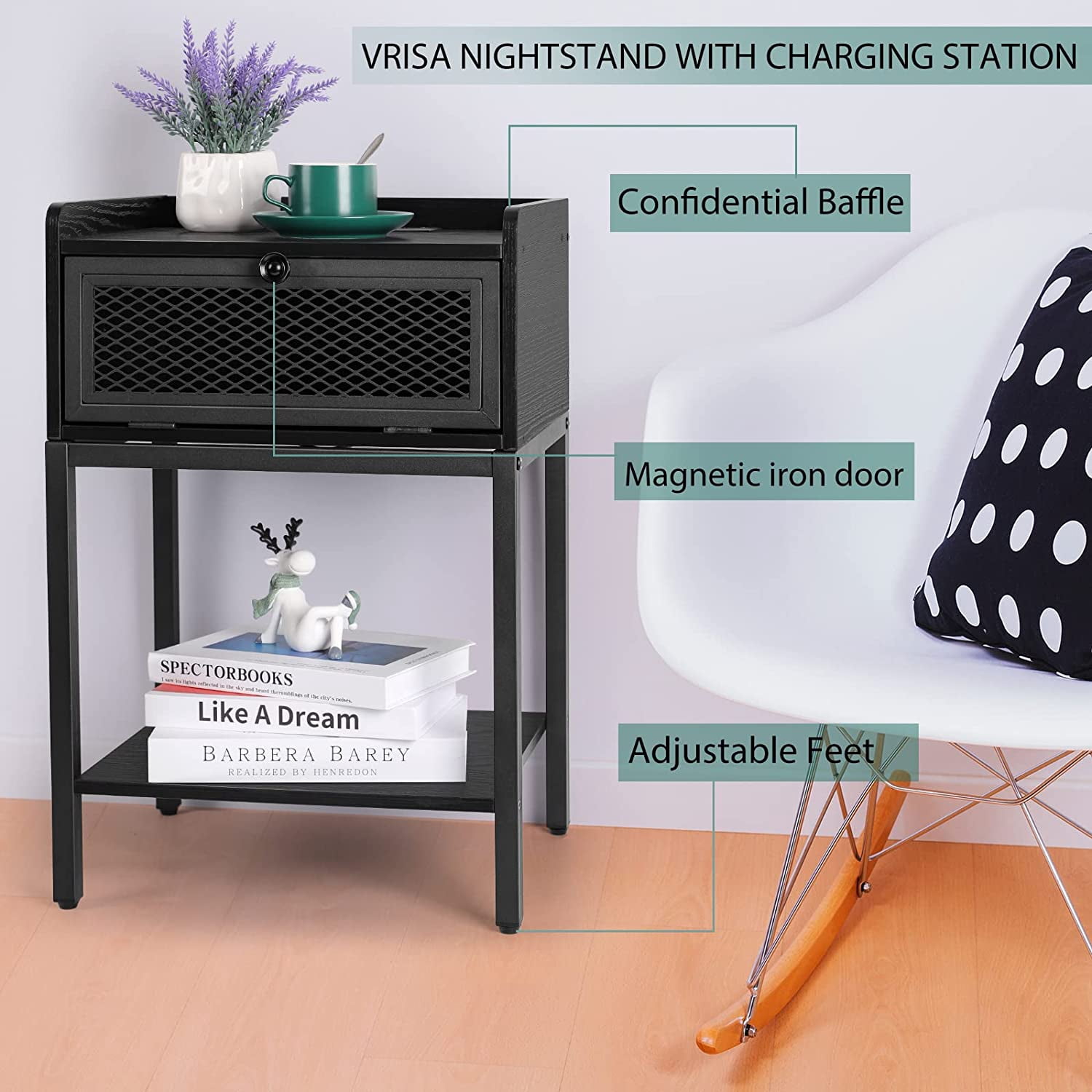 Nightstand with Charging Station End Table with Drawers, Black