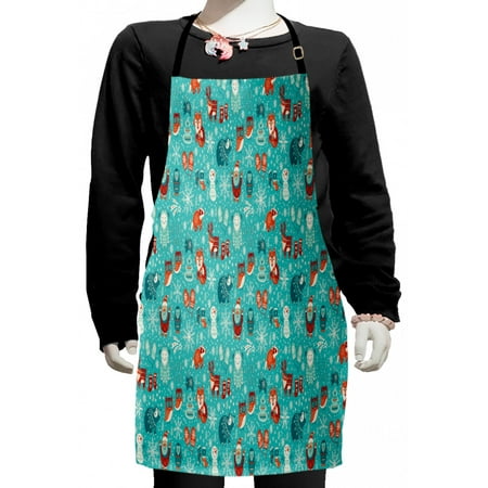 

Winter Kids Apron Cartoon of Santa Fox Deer Yeti Owl Boys Girls Apron Bib with Adjustable Ties for Cooking Baking Painting Aqua Vermillion by Ambesonne