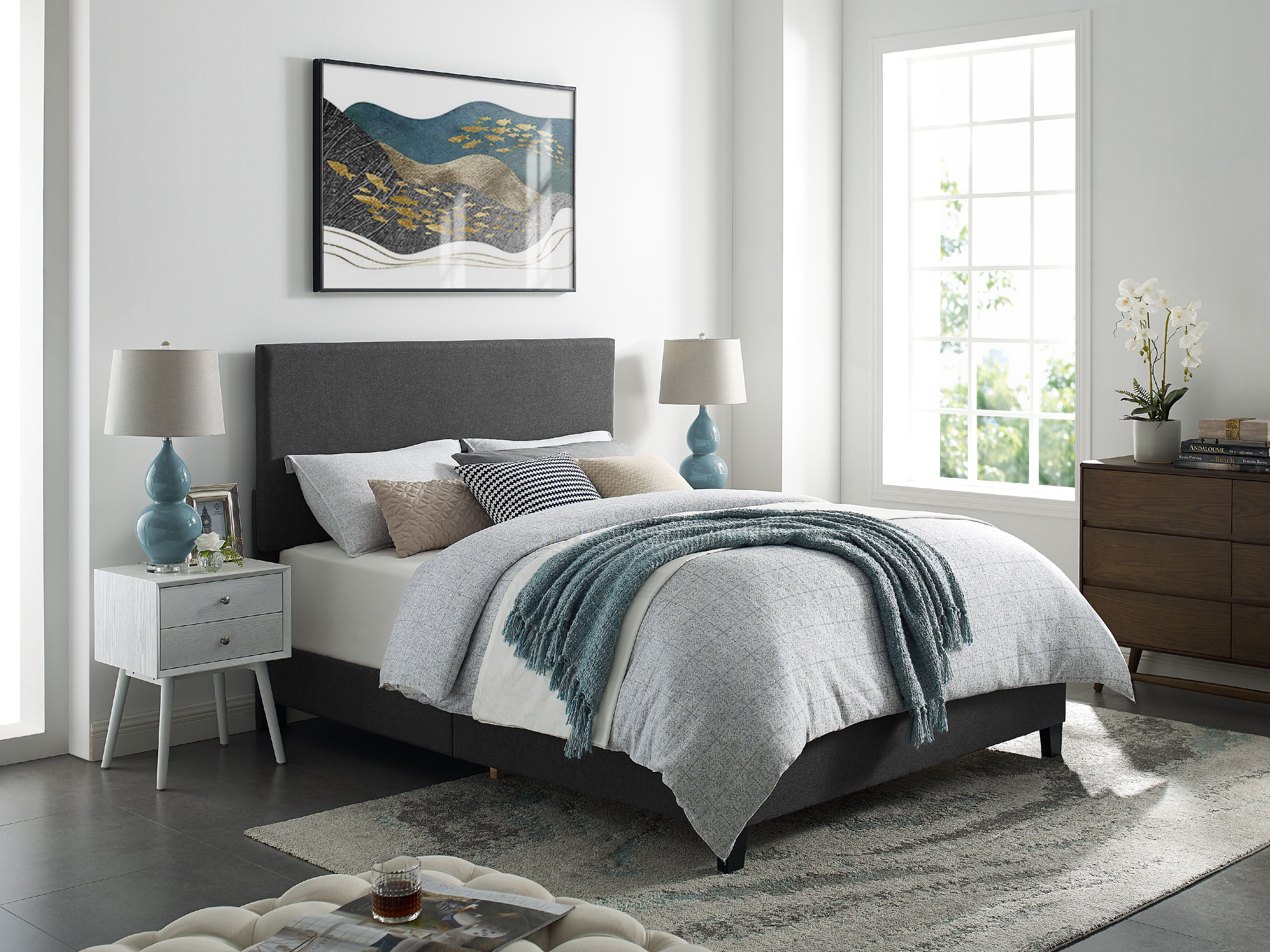 Details About Grey Fabric King Size Platform Bed Frame W Headboard Upholstered Beds Wood