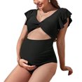 thumbnail image 3 of Maternity Swimsuit Ruffle Sleeve Swimwear High Waisted Solid Color Cut Out Ruched Pregnancy Bathing Suits, 3 of 9