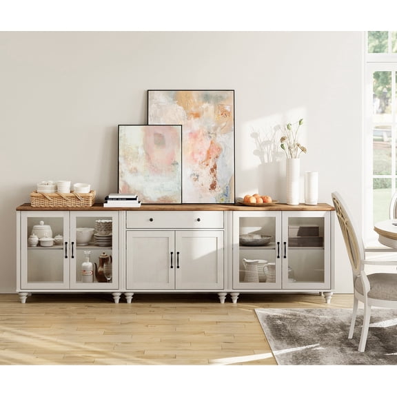 WAMPAT Farmhouse Credenzas & Sideboards with 6 Doors and one Drawer,  Wooden Universal Buffet Sideboard Table Wood Kitchen Storage Cabinets with Adjustable Shelf,  Sideboard Credenza for Dining Room,