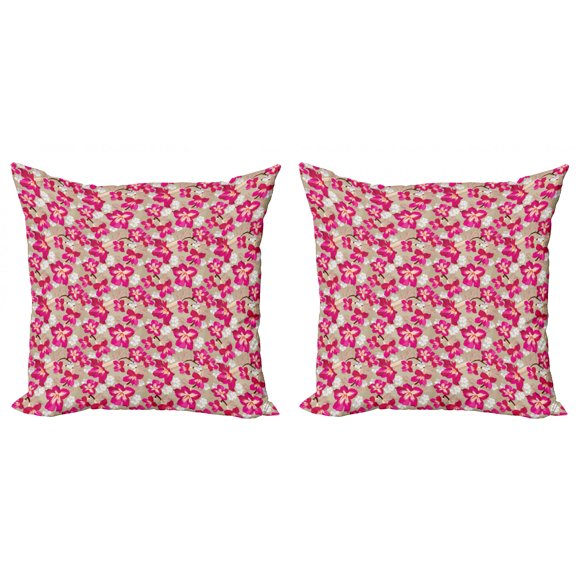 Flower Throw Pillow Cushion Cover Pack of 2, Tropical Blooms Hibiscus Petals Caribbean Vibes Aloha Seascape Summer Pattern, Zippered Double-Side Digital Print, 4 Sizes, Magenta White Tan, by Ambesonne