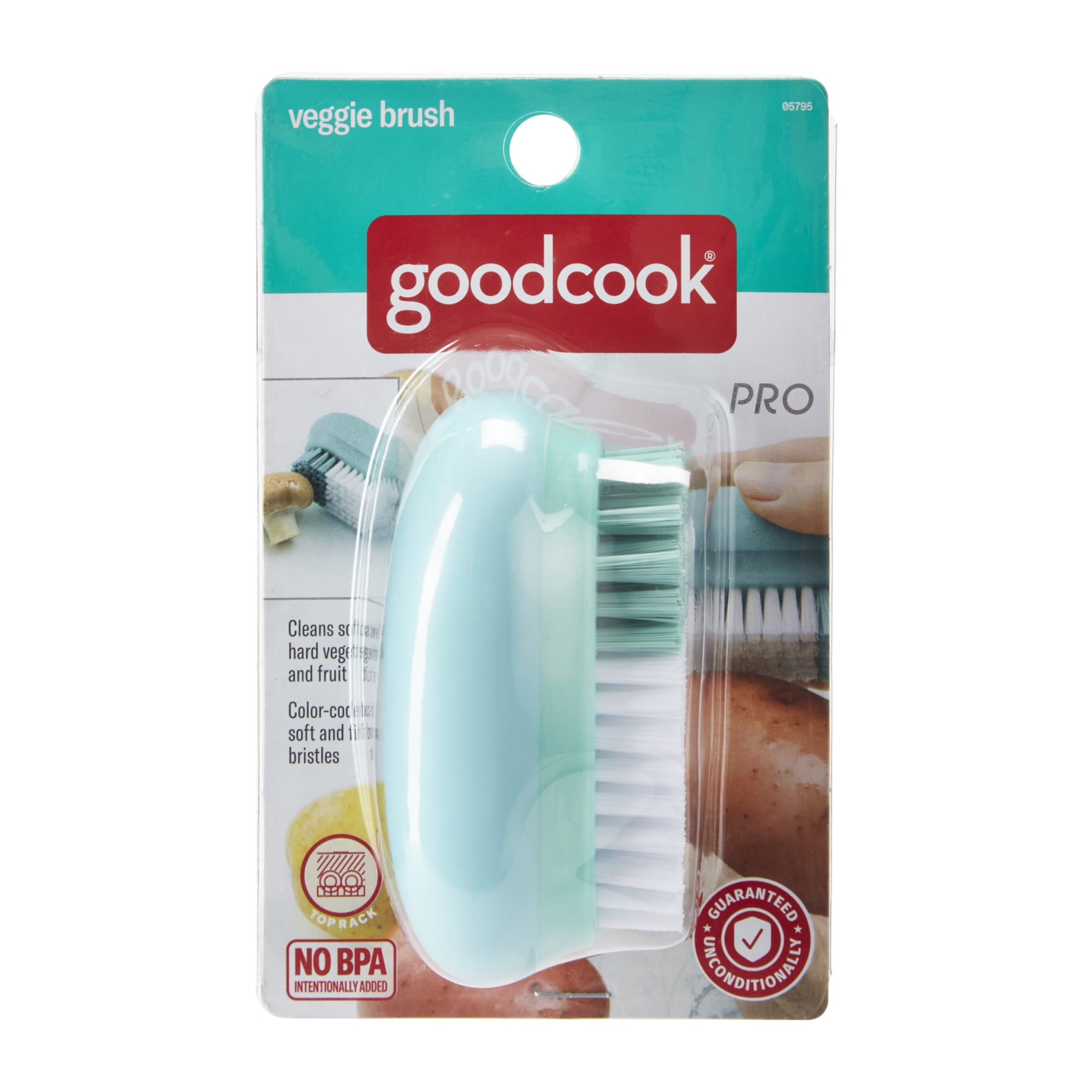 (2 pack) GoodCook Pro Veggie Brush, Firm White & Soft Mint Bristles, Ergonomic Non-Slip Handle