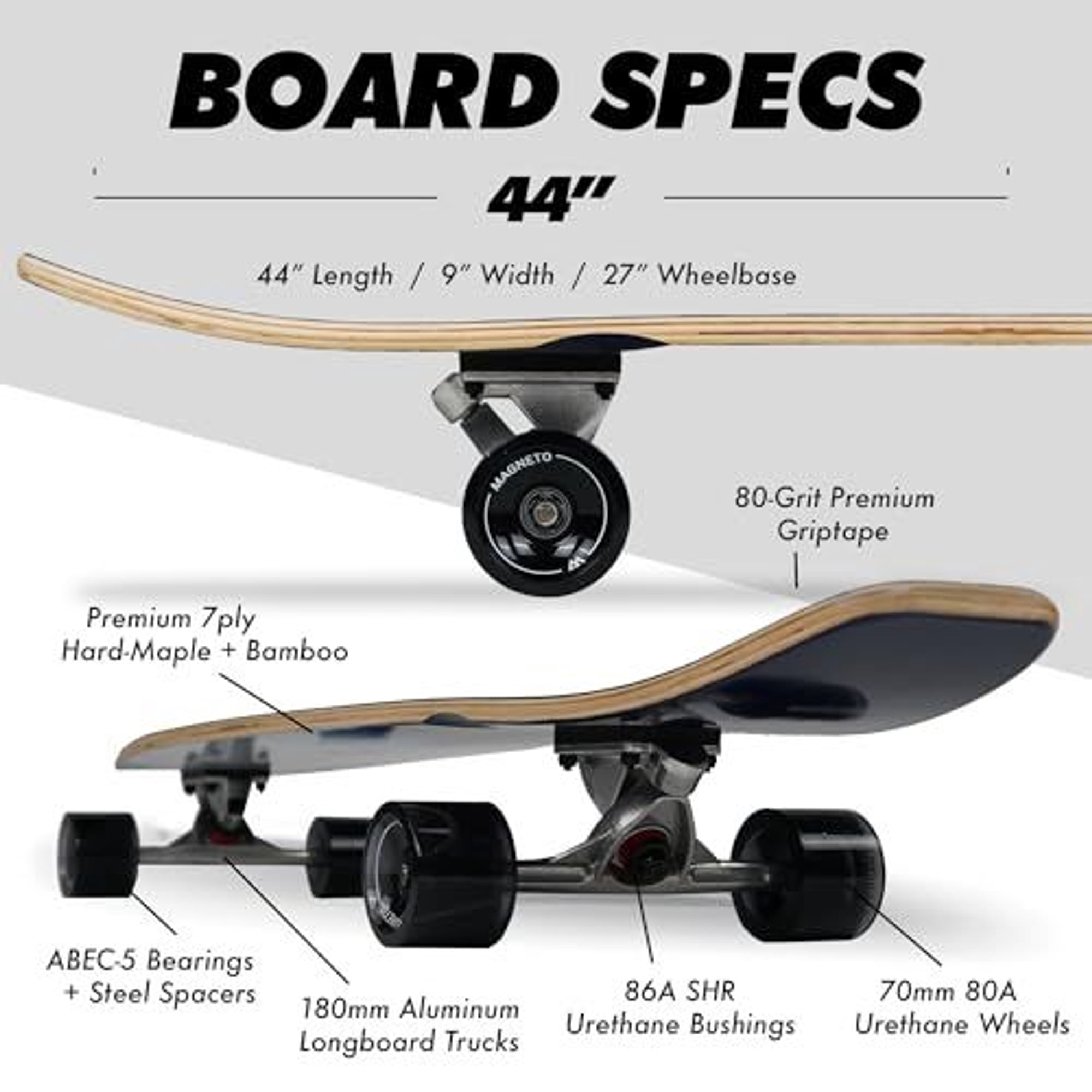 Magneto 44 inch Kicktail Cruiser Longboard Skateboard | Bamboo and