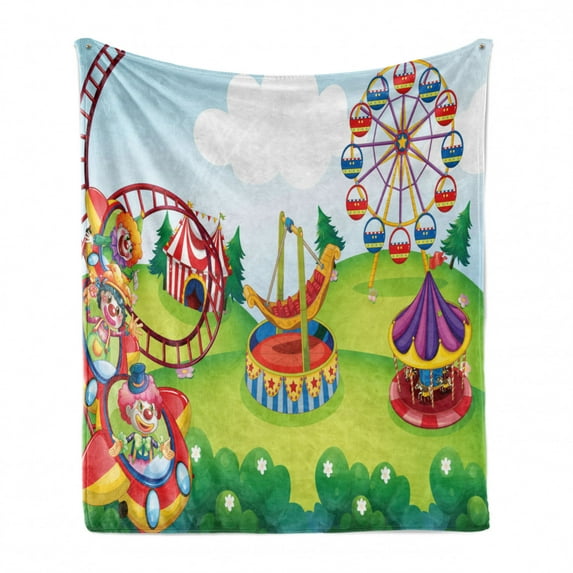 Circus Soft Flannel Fleece Throw Blanket, Circus and Theme Park Design Carousel Amusement and Excitement Theme Trees Forest, Cozy Plush for Indoor and Outdoor Use, 50" x 70", Multicolor, by Ambesonne
