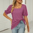 thumbnail image 3 of Camiseta casual para mujer Mangas cortas abullonadas Color puro Suelto Top de verano para uso diario Fucsia L, 3 of 7