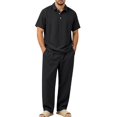 thumbnail image 3 of Awwp Men's Linen 2 Piece Outfits Short Sleeve Shirts & Long Pants Set Casual Loose Summer Matching Vacation Suit Black Size: L, 3 of 7