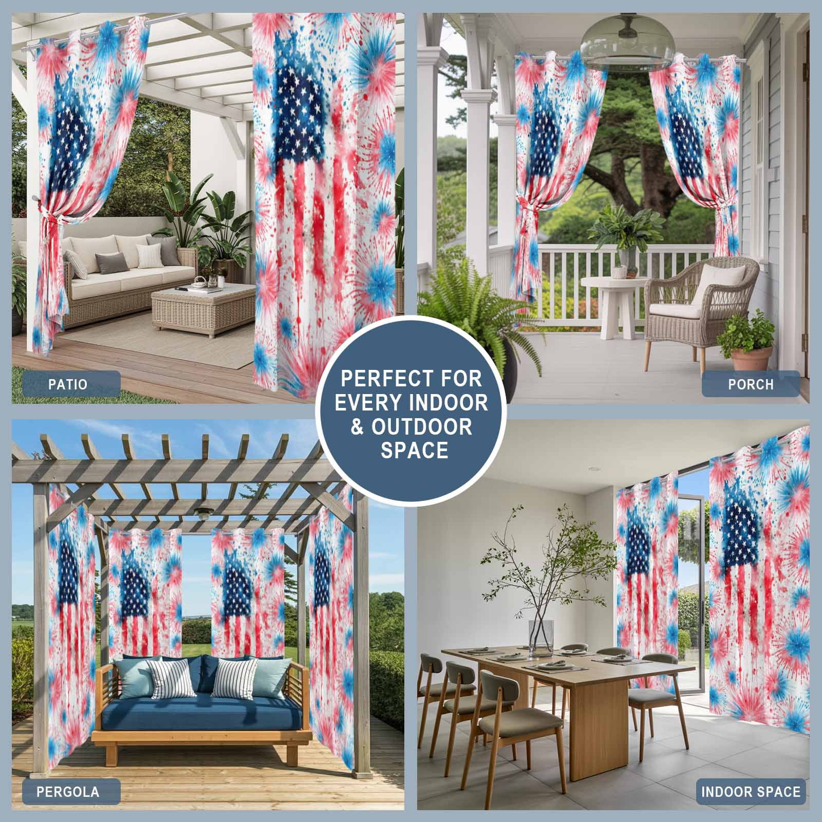 Independence Day Firework Outdoor Curtains for Patio, Abstract American Flag Red Blue Star Sunshade Privacy Drapes Grommet Waterproof Outside Curtains for Porch/Cabana/Balcony 54"x 108", 1 Panel