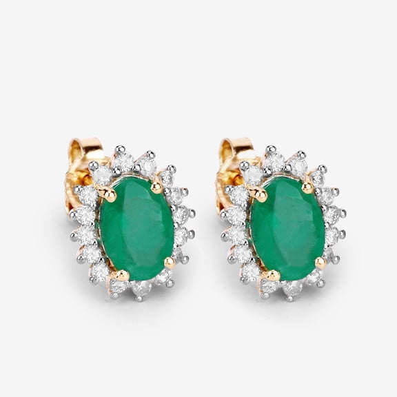18Ct Emerald Earrings, Genuine Emerald Oval and Diamond 14k Yellow Gold Stud Plated Earrings for Women, Bridesmaid Gift, May Birthstone Gift