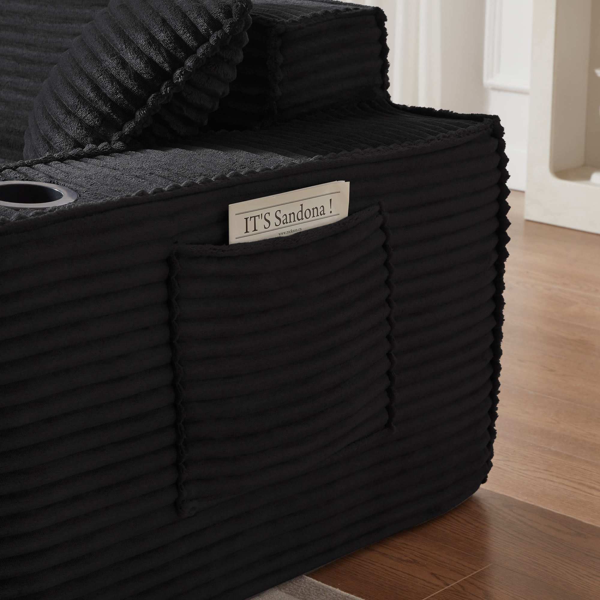 Leumius Single Cloud Sofa,Boneless Couch with Cupholders,Upholstered Corduroy Fabric Modern Armchair with Deep Seats for Living Room Bedroom,Black