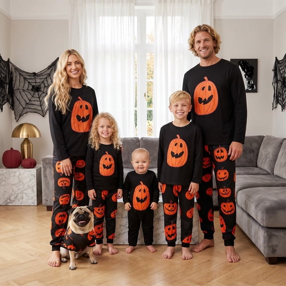 Family Matching Halloween Pajamas with Dog Pumpkin Print Crew Neck Sleepwear Set