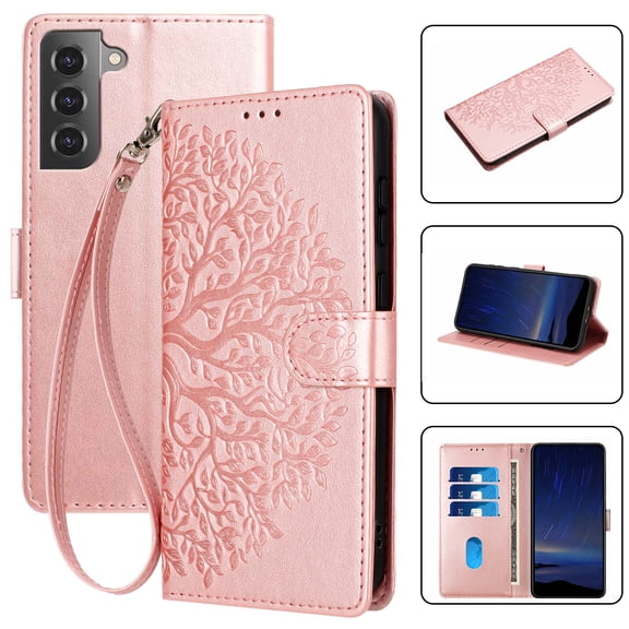 for Samsung Galaxy S20 FE Wallet Case with Credit Card Holder & Wrist Strap, Wallet Case with Stand, Magnetic Clasp, Flower Pattern PU Leather Folio Cover for Samsung Galaxy S20 FE, Rosegold