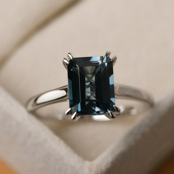 Emerald cut November birthstone ring, sterling silver, minimalist London blue topaz engagement ring