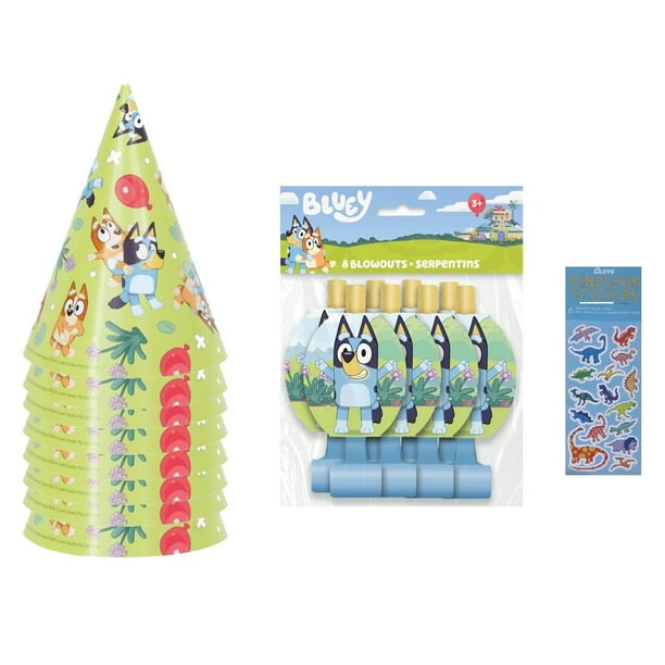 Paquete de artículos de fiesta único de Bluey Birthday con 8 sombreros y 8 reventones