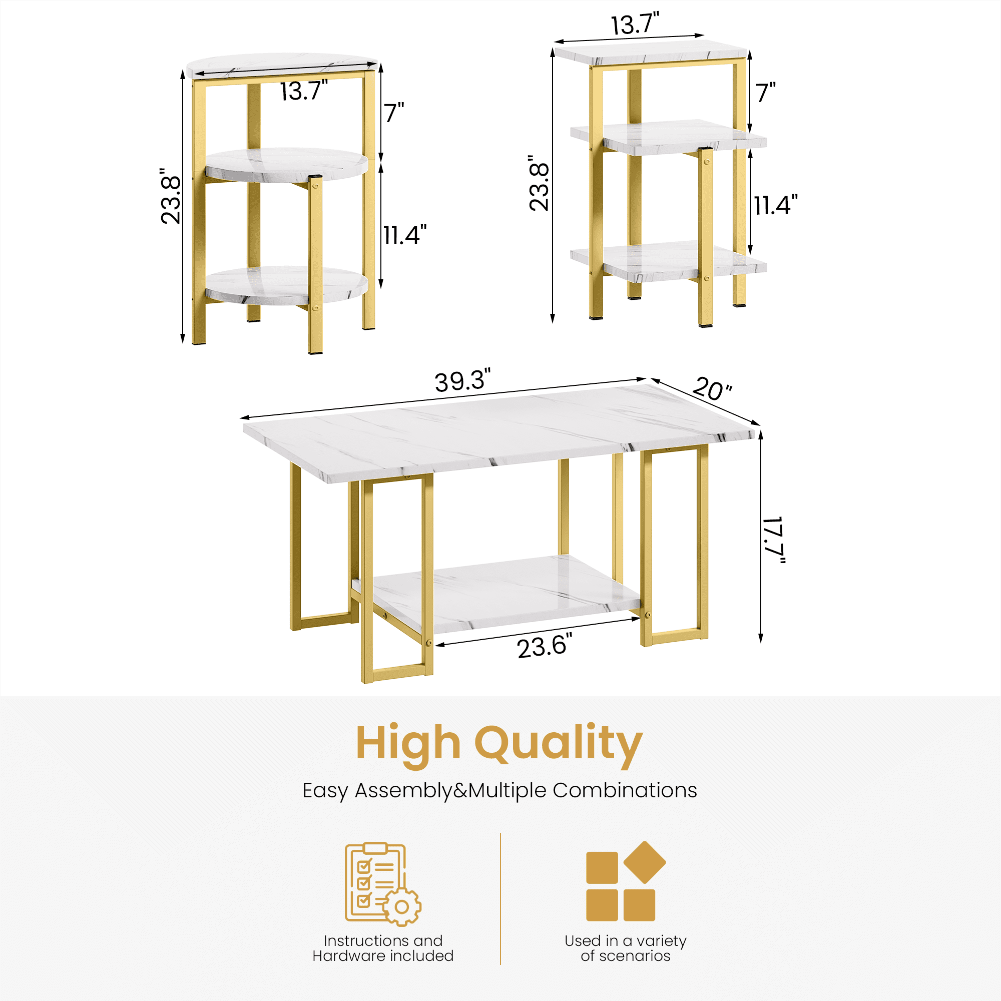 Baxluxe 3 Pieces Faux Marble Table Set, Modern Rectangle Coffee Table with 2 Side Table, Faux Marble Tabletop and Metal Frame, 3 Pieces Table Sets for Living Room, Apartment, White & Black
