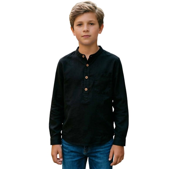 Boys Long Sleeve Henley Shirt, Button Up Top with Pocket, Lightweight Casual Tee for Kids 5-14