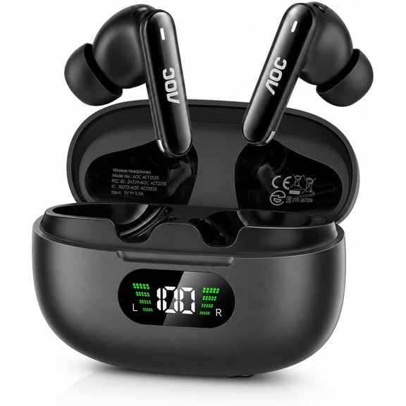 AOC Wireless Earbuds Bluetooth Earbuds with Noise Cancelling, Pure Sound Bass 45hrs Playtime Bluetooth Earphones with LED Light Weight