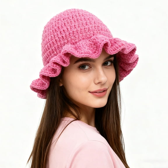Womens Handmade Crochet Ruffled Wool Hat Fashiona Colorful Wide Brim Hat Unisex Hat