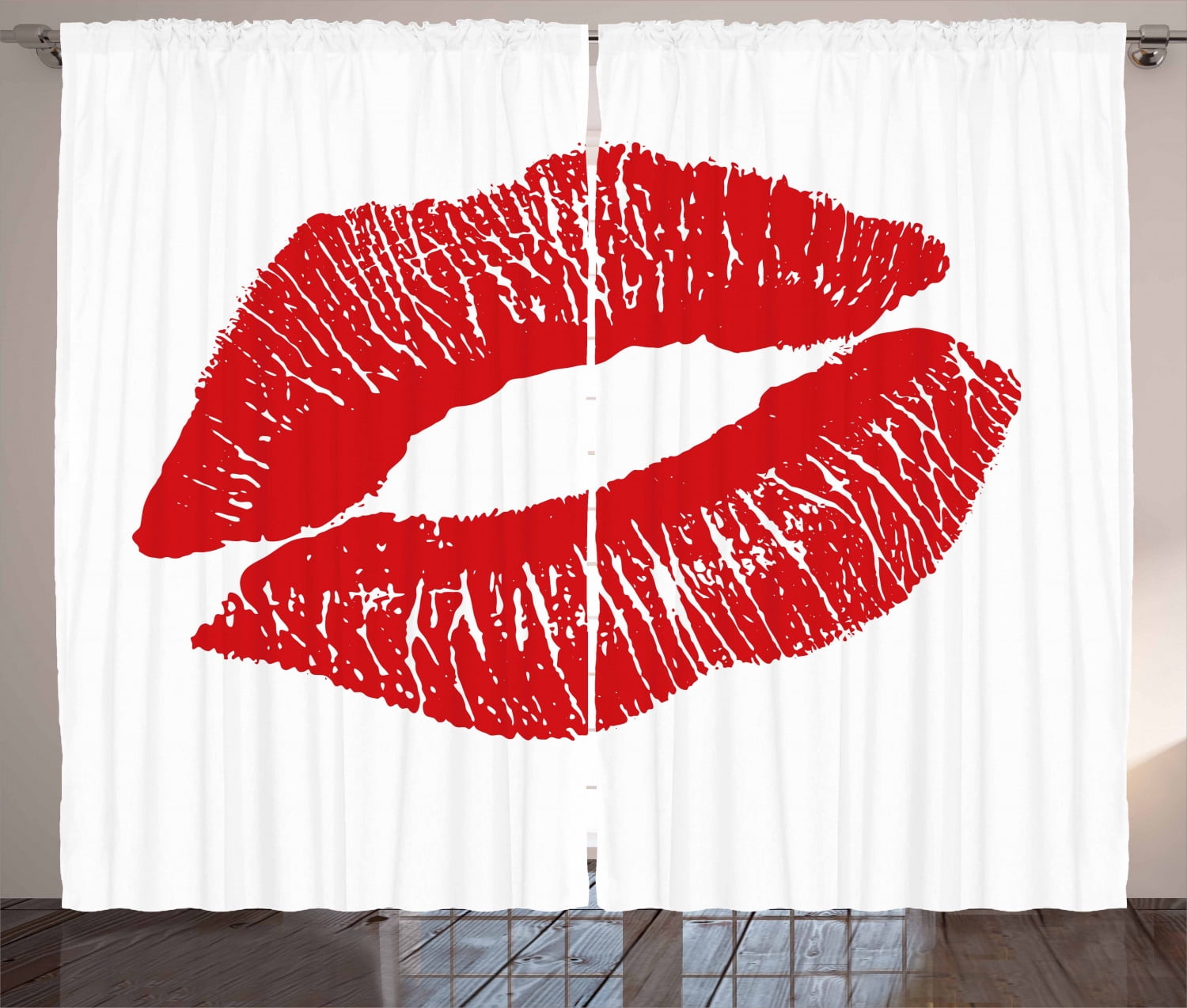 Kiss Curtains 2 Panels Set, Print of Red Lips Kiss Mark on White ...