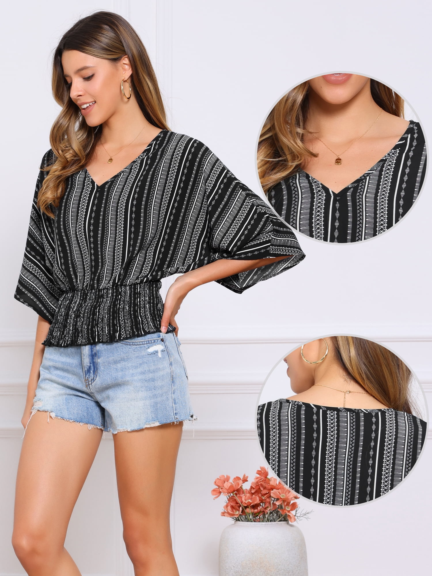 DARING DIVA Women's V Neck Chiffon Smocked Batwing Blouses L Black