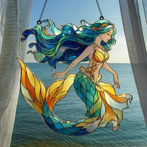 Ocean Mermaid Wavy Acrylic Window Hanging, Coastal Faux Wavy Acrylic Suncatcher, Nautical Fantasy Decor Gift Idea, Fantasy Bathroom Decor