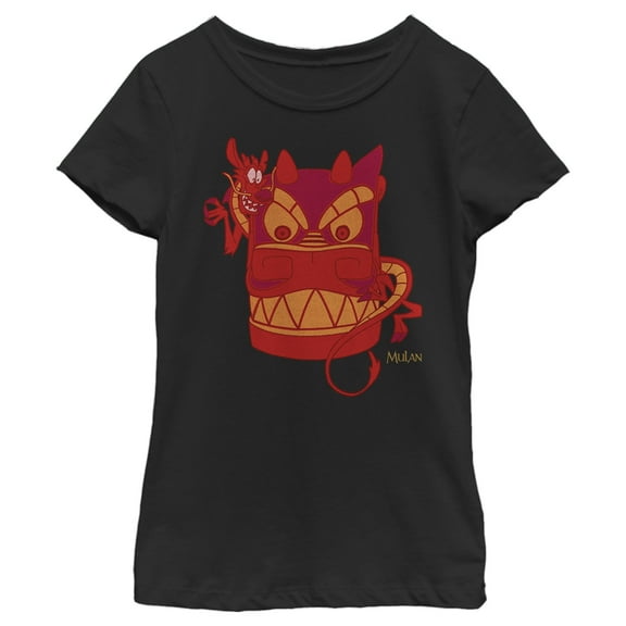 Girl's Mulan Mushu Dragon Mask Graphic Tee Black Small