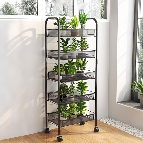 Storage Cart – 5-Tier Slim Metal – Drawer & Mesh Shelves – Wheels – Rolling Organizer – Kitchen, Office, Bathroom & Bedroom – Stackable – Black & White