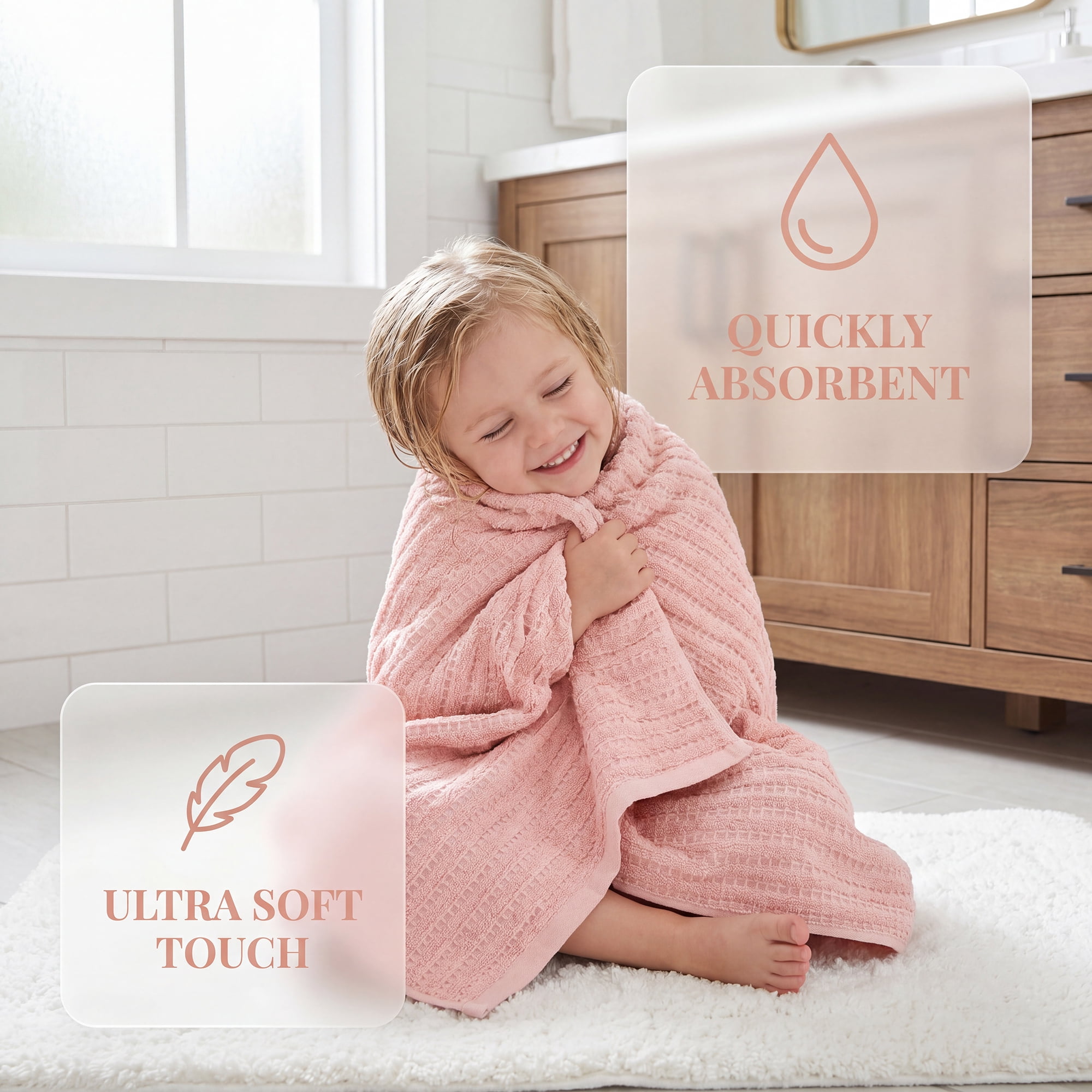 Unique Bargains Waffle Durable Bath Towel 2 Pack Pink/Milky White 55" x 28"