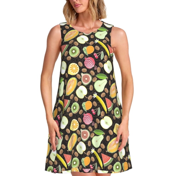 Fotbe Fruits Vestido de Verano sin Mangas para Mujer – Vestido Midi Línea A, Estilo Camiseta Floral, Vestido Playero Casual y Fluido