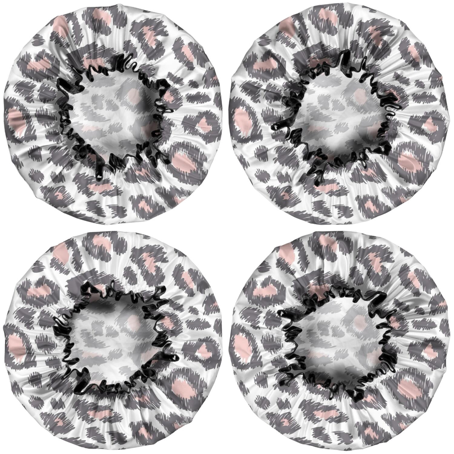 Shower Caps,White and Pink Of Leopard Print Waterproof Shower Cap for Women 4 Pieces,Double Reusable Hair Cover for Shower PEVA Elastic Stretch Hem