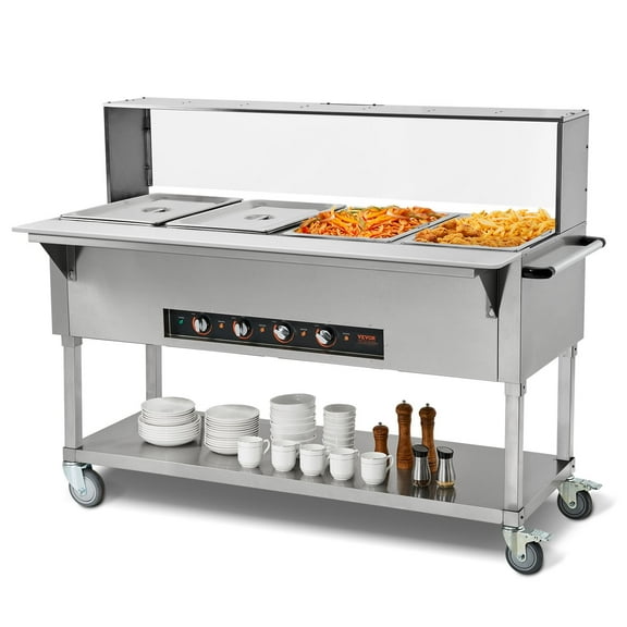 VEVOR 4-Pan Commercial Food Warmer, 4 x 20.6QT Electric Steam Table, 2000W Professional Buffet Catering Food Warmer with Acrylic Sneeze Guard, Food Grade Stainless Steel Server