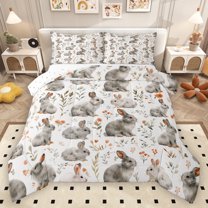 Homewish Farm Animal Rabbit Full Size Comforter Sets,Rustic Flower Floral Bedding Comforter Set,Gray White Bedding Sets For Teens,Ultra Soft Home Decor Reversible,3-Piece
