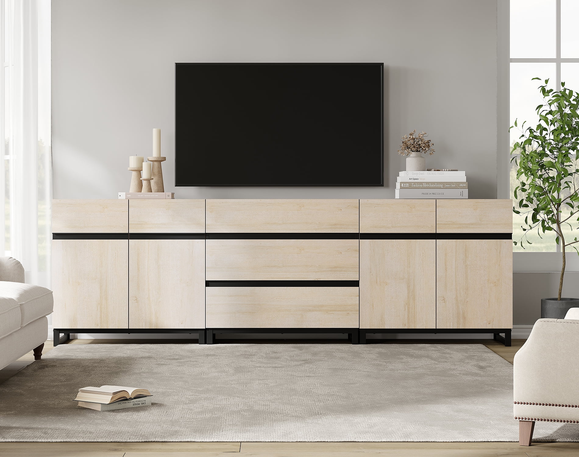 WAMPAT Modern TV Stand for TVs up to 100 inch, 3 in 1 TV Console with Adjustable Shelves and 3 Drawers, Media Console for Living Room,Bedroom, Beige