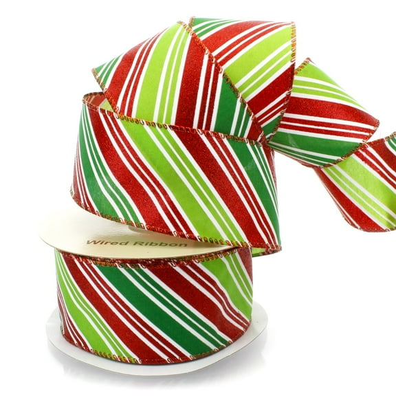 Ribbon Traditions Christmas Red / Green / White Diagonal Stripes Wired Ribbon 2 1/2" by 25 Yards