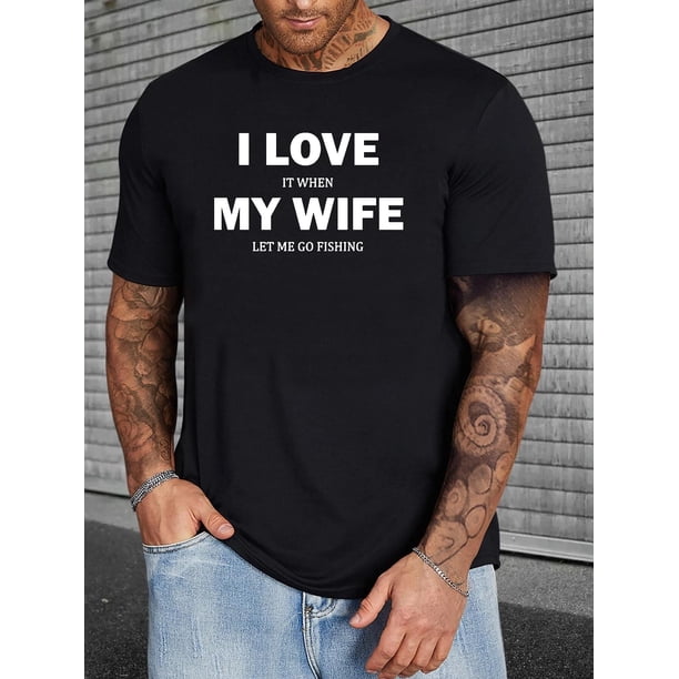 Plus Size Men's Casual Graphic Tees For Summer, "Love My Wife When Go Fishing" Print Crew Neck Oversized T-shirts, Trendy Chic Outfit Men's Clothings Tee For Adult, Men, Women, Teen, Teenager, Adoles