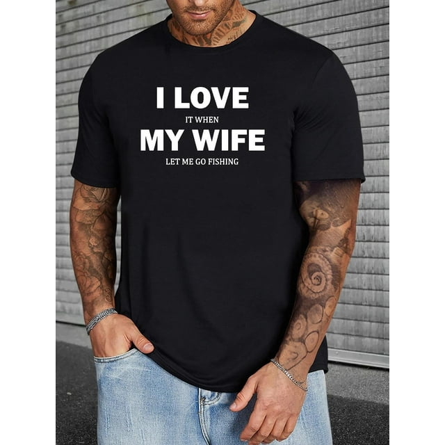 Camisetas informales con gráficos de talla grande para hombre para verano. Camisetas oversize con cuello redondo y estampado "Amo a mi esposa cuando voy de pesca". Ropa moderna y elegante para hombre.