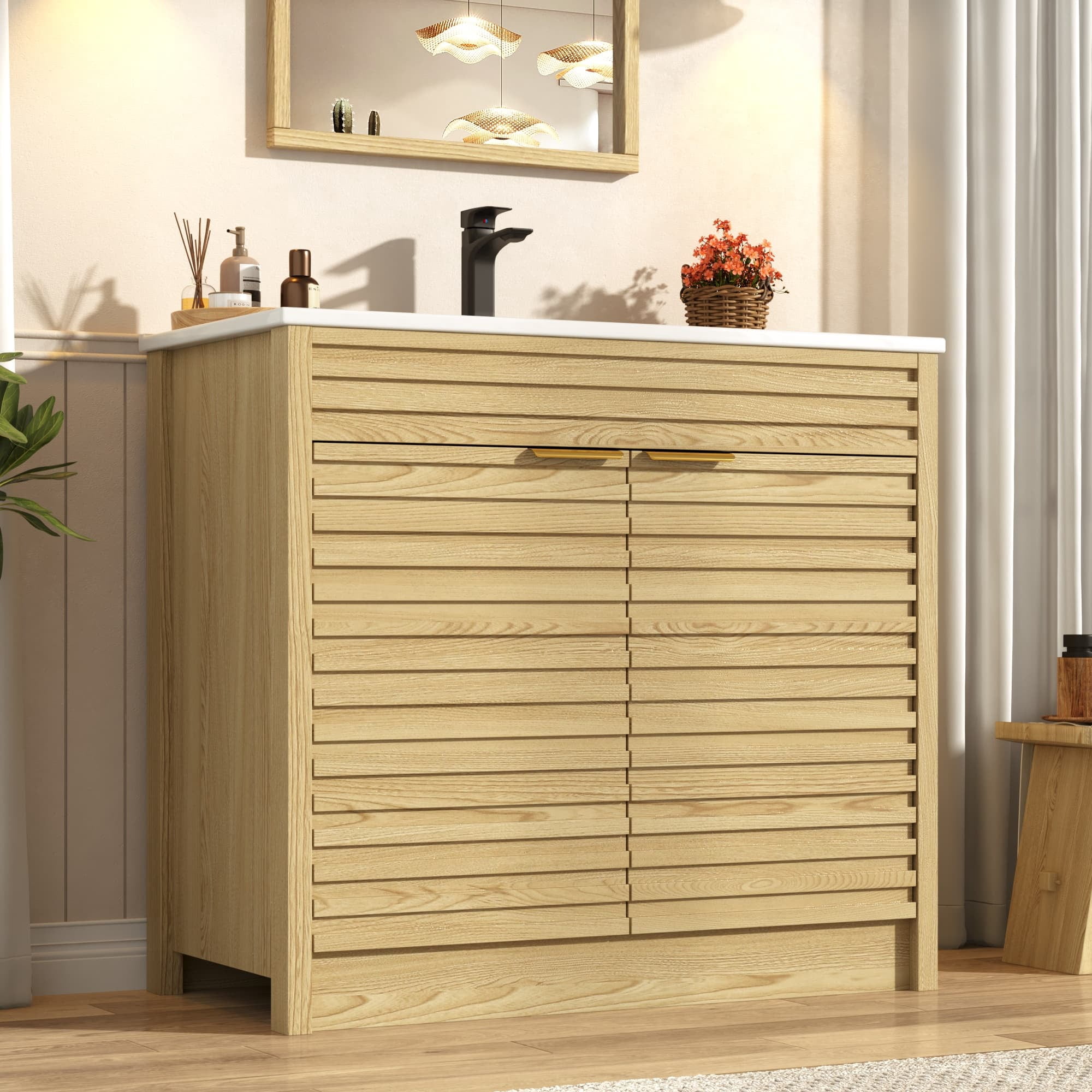 36" Modern Bathroom Vanity with Sink and Faucet Combo, Double Fluted Door Vanity Set, Ceramic Integrated Basin, 6-Tier Smart Storage Organization
