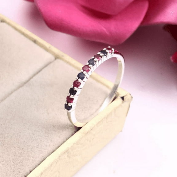 925 Sterling Silver Blue Sapphire and Red Ruby Half Eternity Ring for Women, Gemstone September Birthstone, Round 2.5MM, Available in All Size's.
