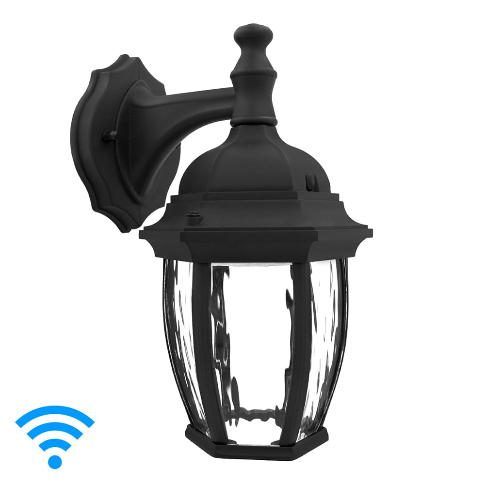 Luvoni LED Smart WiFi Outdoor Wall Light, Black w/ Clear Water Glass, App Controlled Porch Lantern, 850 Lumens, CCT 2700K - 6500K, Dimmable, Works with Google Home/Alexa, by Maxxima