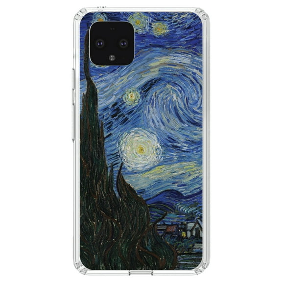 DistinctInk Clear Shockproof Hybrid Case for Google Pixel 4 (5.7" Screen) - TPU Bumper, Acrylic Back, Tempered Glass Screen Protector - Van Gogh Starry Night - Classic Art