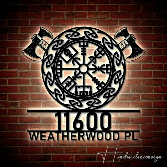 Handmadetneonsign Personalized Viking Compass Home Number Metal Sign, Custom Viking Compass Address