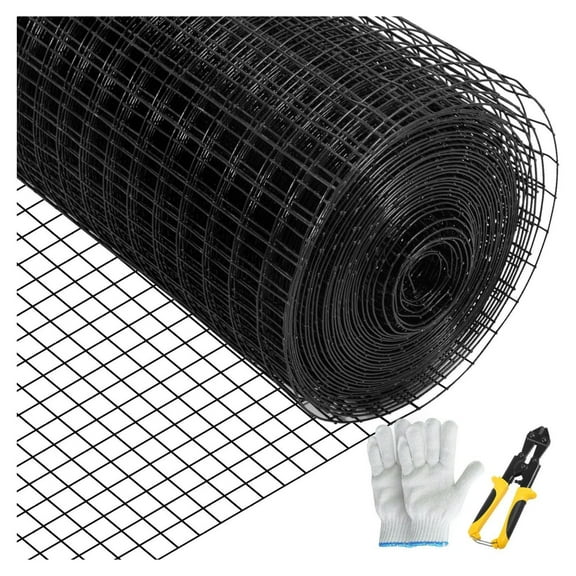 Hardware Cloth 36x50ft, 1x1 Mesh, 16 Gauge Galvanized Steel Vinyl Coated Chicken Wire Fencing with Plier & Gloves for Garden & Pet Enclosures, Black
