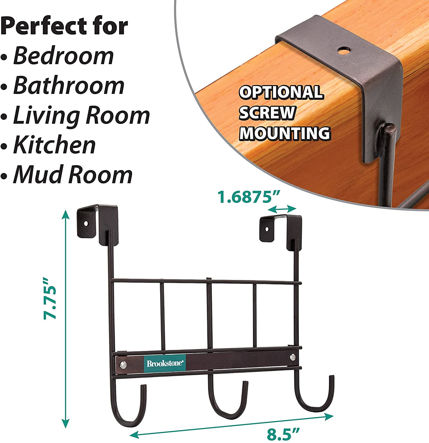 Brookstone Over the Door Coat Rack 3 Hook Towel Rack Dark Brown Iron