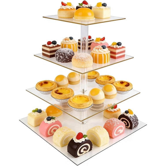 FULANDL Four-Tier Acrylic Square Cupcake Stand, Cake and Dessert Display Stand, with Led Light String, Suitable for Weddings, Parties, and Birthdays