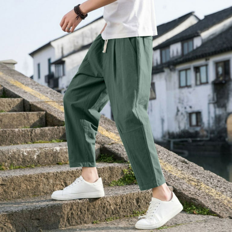 QWANG Men's Casual Fashion Solid Color Cotton Linen Pants