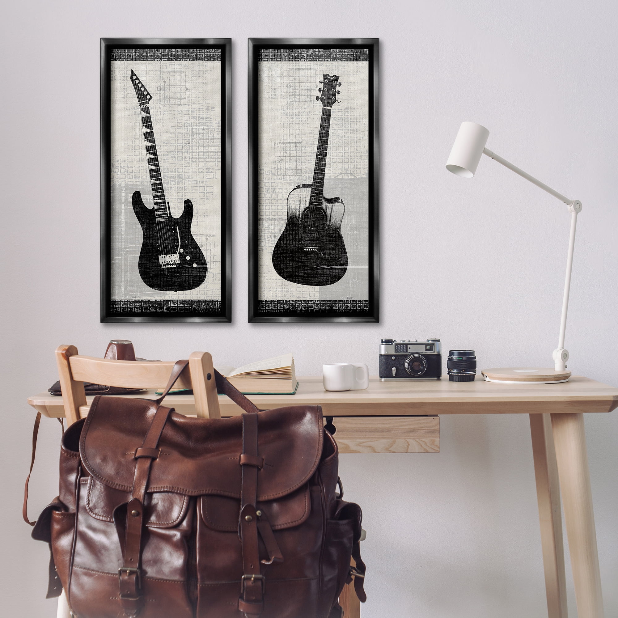 Stupell Industries Electric Acoustic Guitar Entertainment Painting Black Floater Framed Canvas Art Print Wall Art, 14 x 31, Set of 2