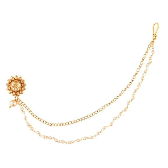 Efulgenz Indian Jewelry Kundan Crystal Nose Ring Hoop Pin Stud Fake Septum Ring with Chain Nose to Ear Chain Non Piercing Body Jewelry, White